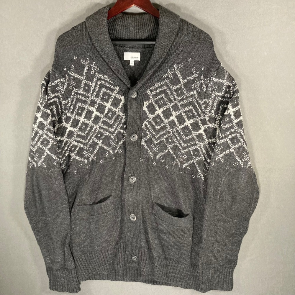 Mens Shawl Collar Cardigan XL Gray Nordic Sweater Casual Cozy Knit